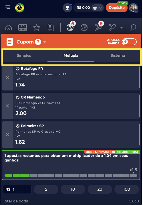 Selecione entre aposta simples NineCasino, múltipla ou de sistema