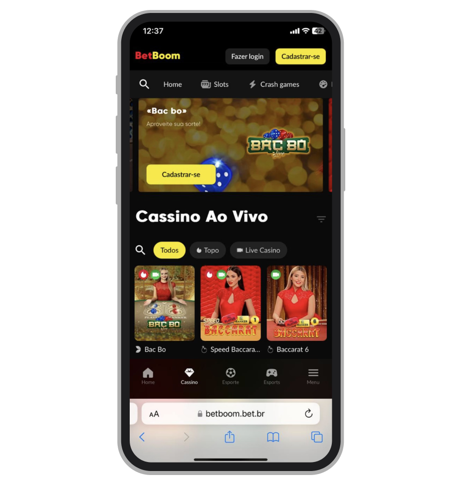 Site mobile de cassino da BetBoom aberto no celulara com sistema operacional Android