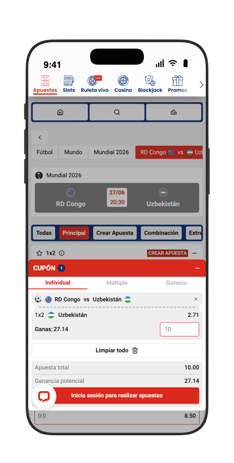 Pulsa en «Uzbekistán» en el cupón de JOKERBET para añadir la apuesta 1x2 a cuota 2.71