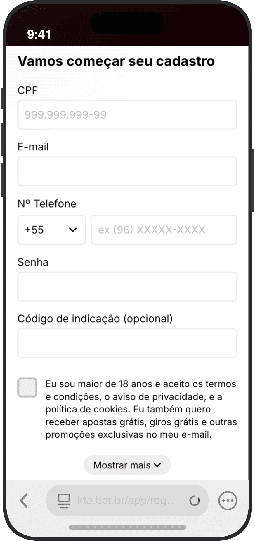Formulário de cadastro do KTO com campos CPF, e-mail, telefone, senha e código de indicação