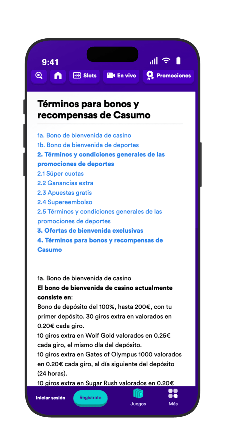 Términos para bonos y recompensas de Casumo con condiciones detalladas del bono de bienvenida de casino y deportes