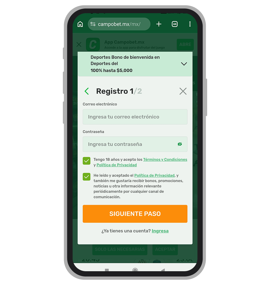 Formulario de registro, paso 1