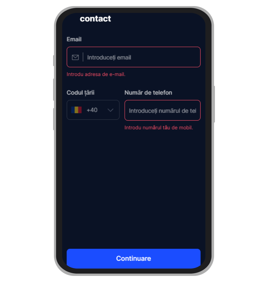 Introducerea adresei de e-mail și a numărului de telefon