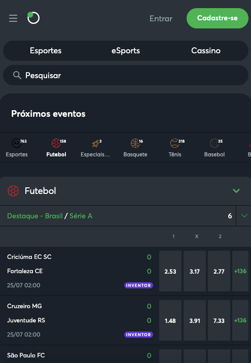 Navegue pelos esportes e eventos disponíveis 