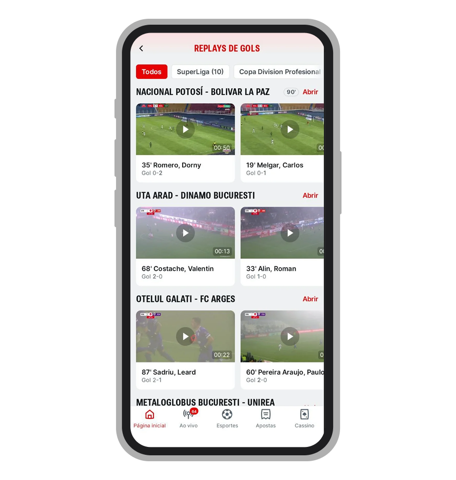 Replays de gols no app da Superbet