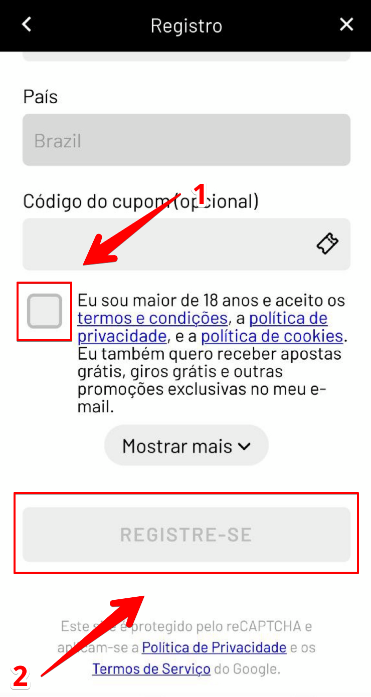 Conclua o cadastro aceitando os termos e condições