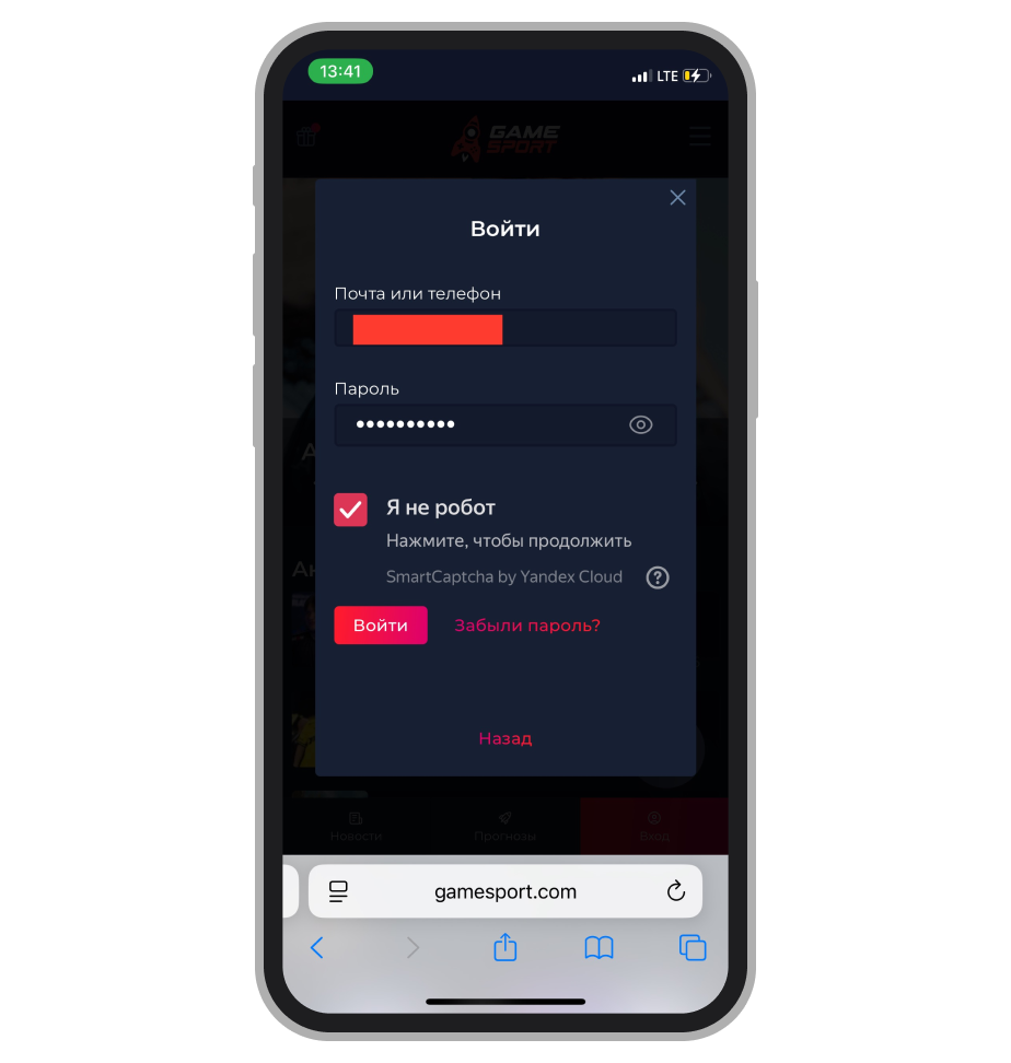 Ввод почты и пароля