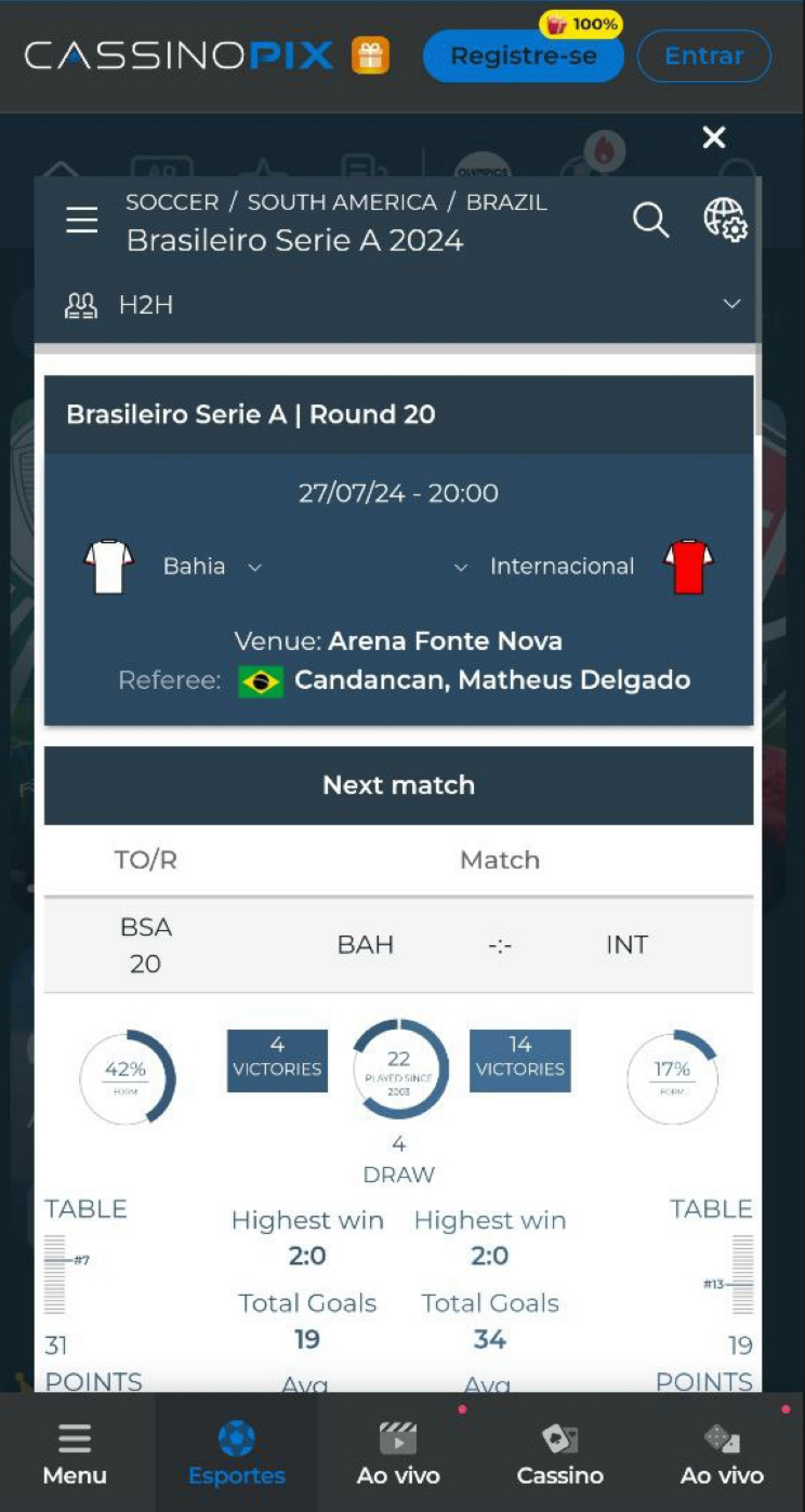 Seção de estatísticas no aplicativo