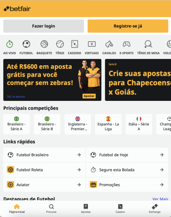 Página de esportes da Betfair