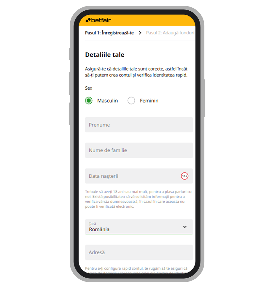 Formular de înregistrare Betfair