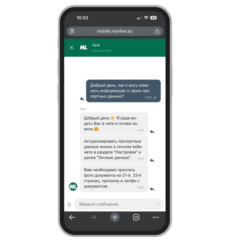 Переписка с поддержкой Maxline