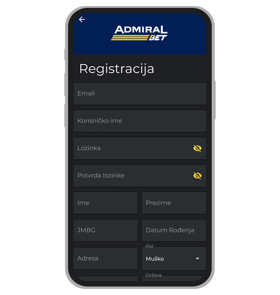 AdmiralBet podaci za registraciju