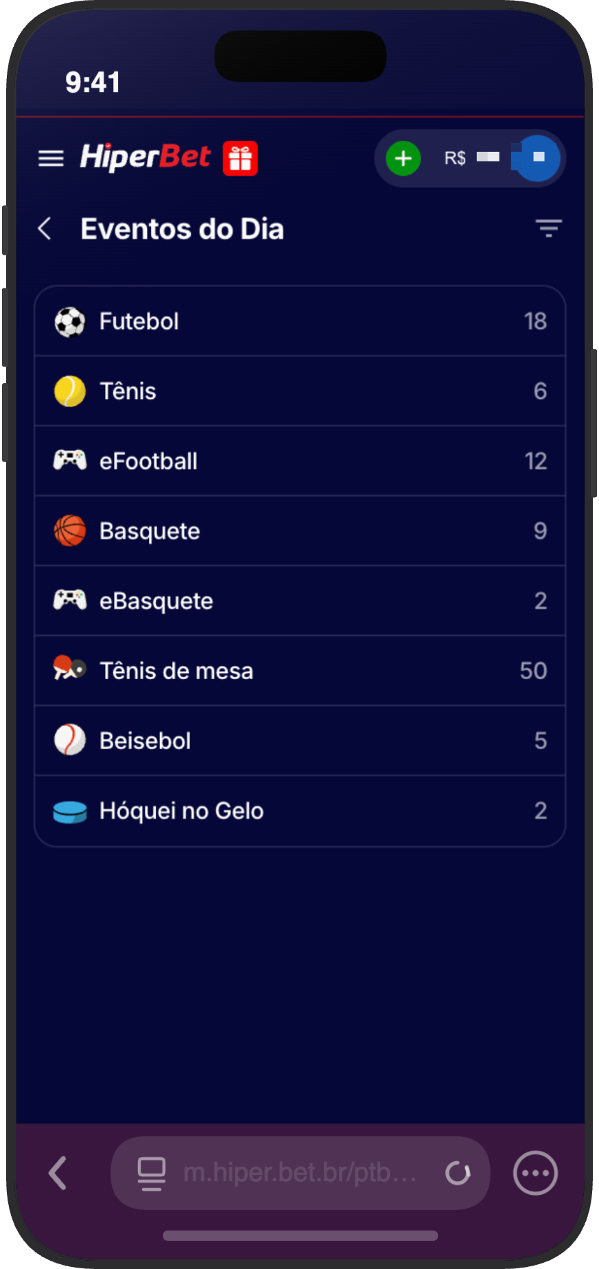Lista de eventos do dia na HiperBet