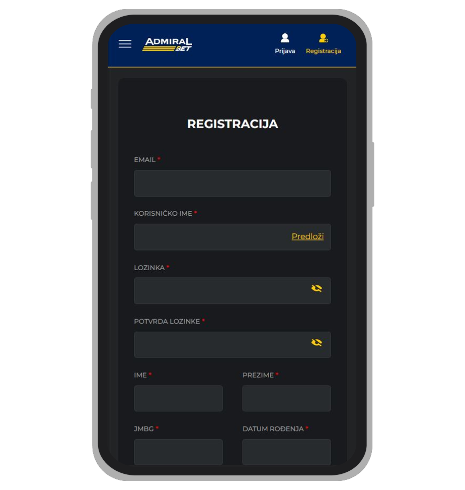 AdmiralBet formular za registraciju