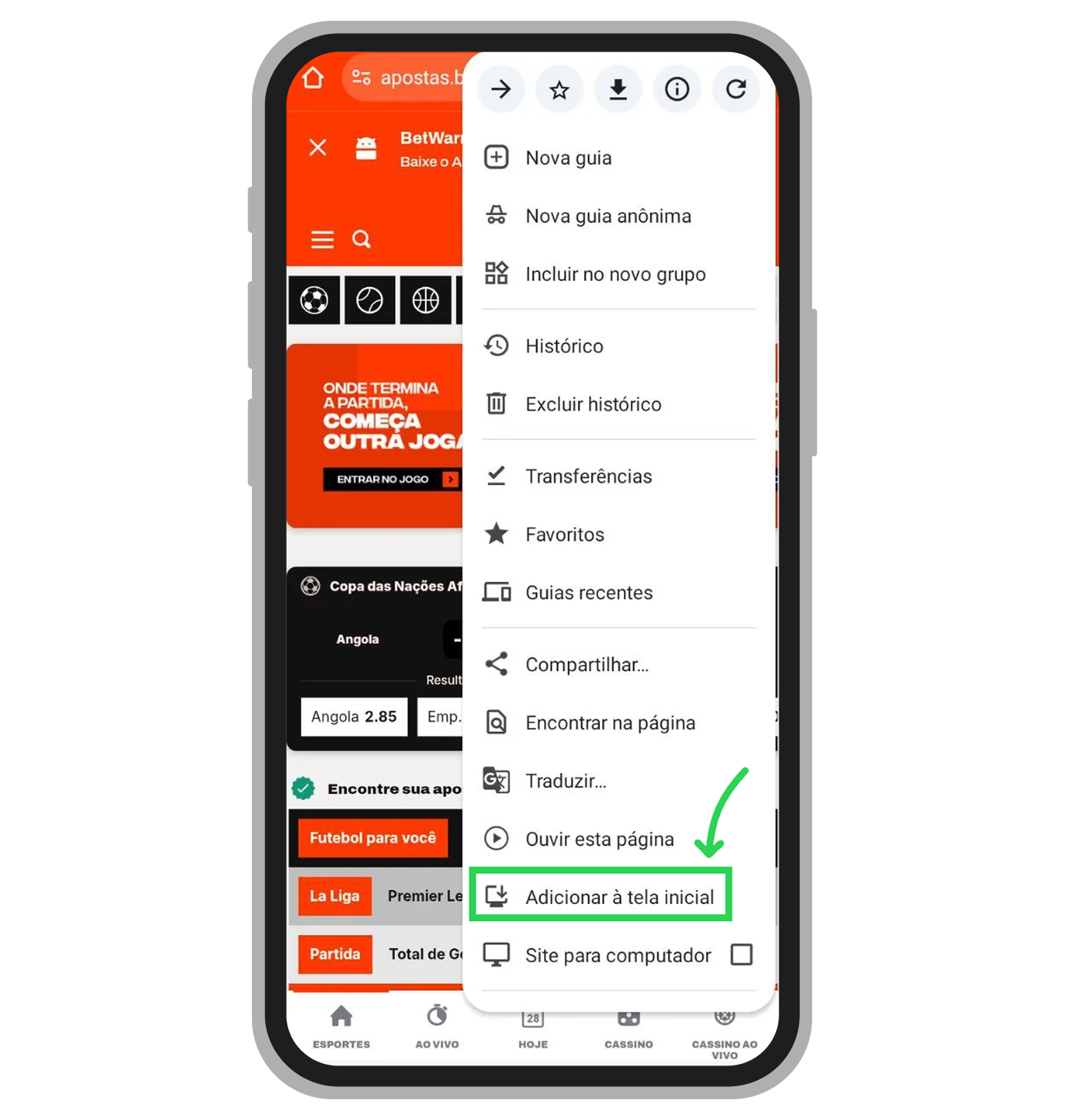 Selecione o comando de instalação ou adição à tela de início entre as opções listadas