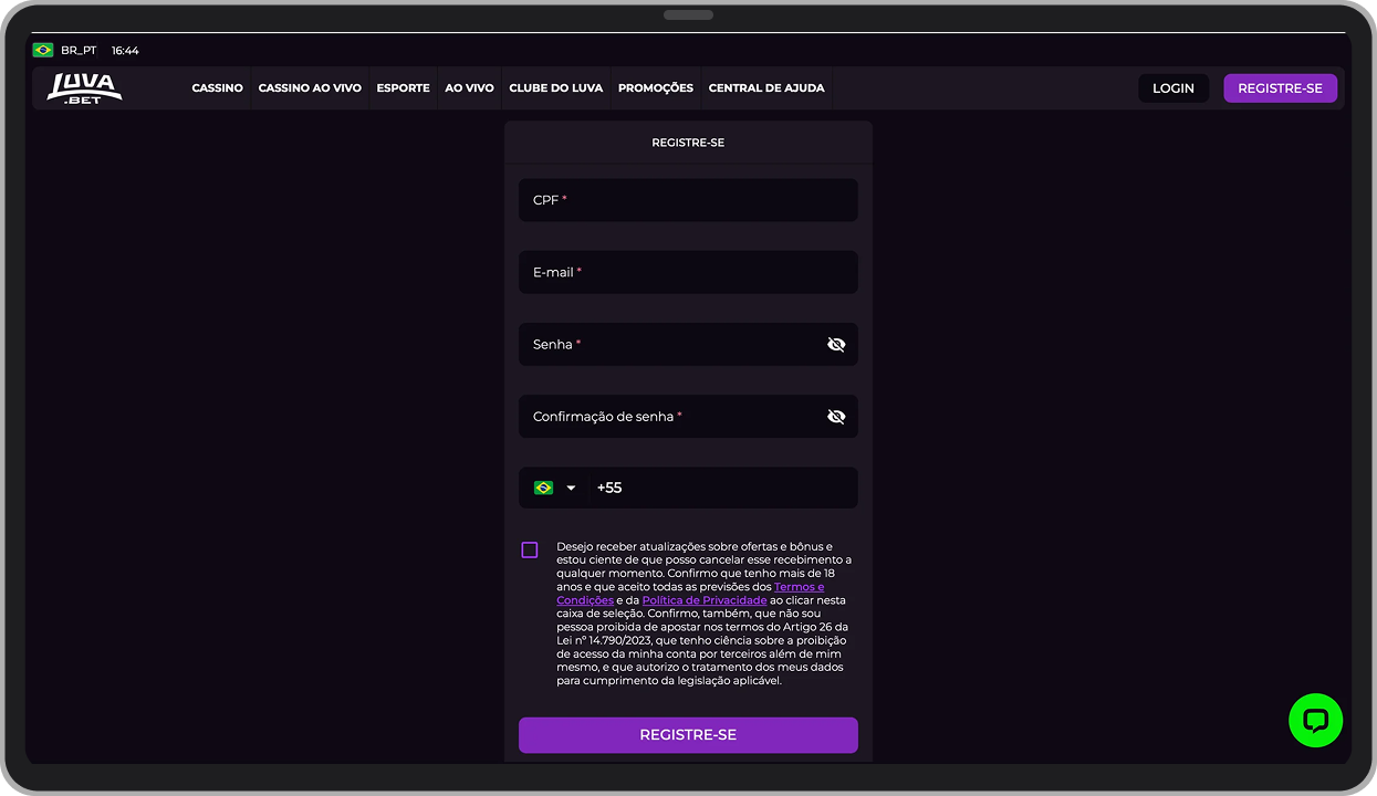 Visualização da janela única de registro, onde todos os dados de identificação e contato são inseridos simultaneamente.