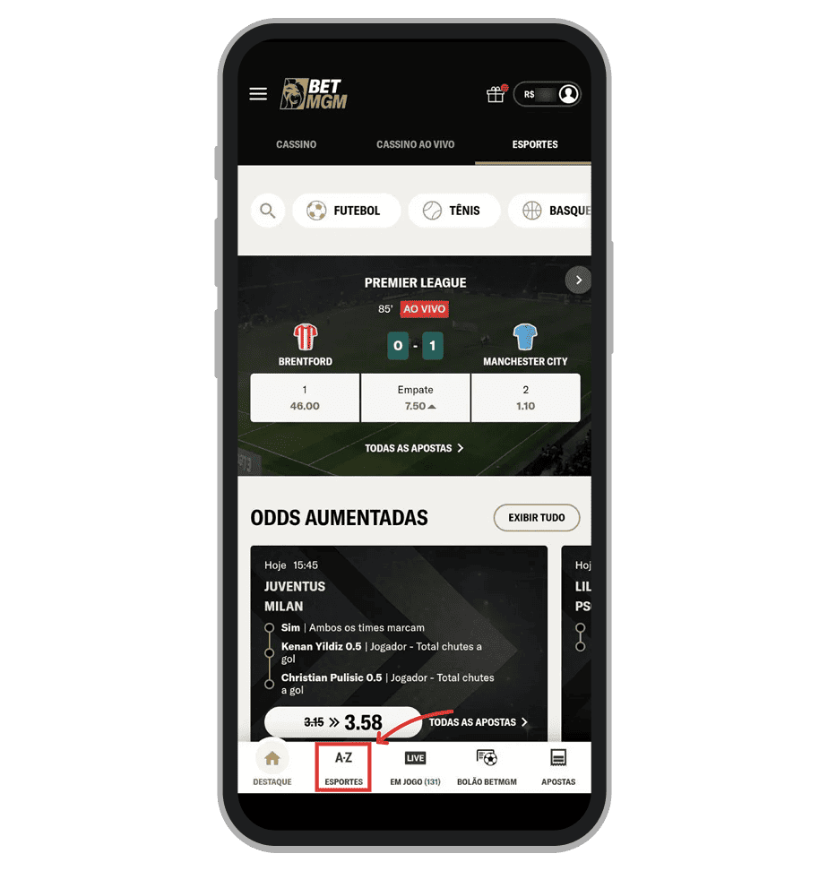 Toque no “Esportes” no menu inferior do aplicativo