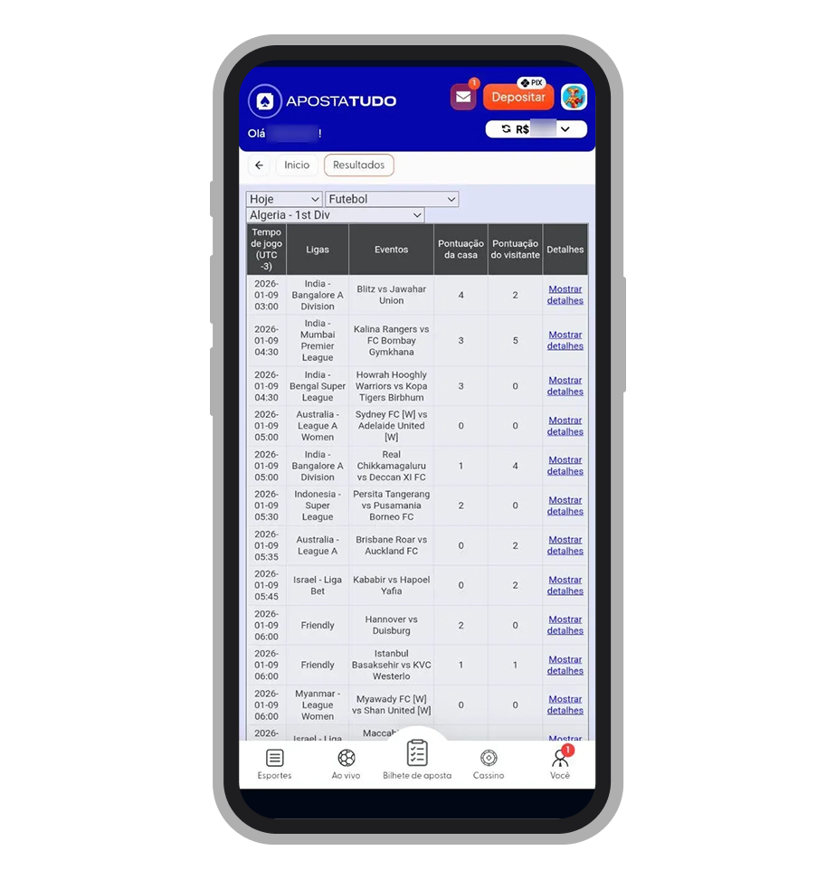 Tela de resultados do aplicativo Apostatudo permitindo filtrar partidas por esporte, liga e data