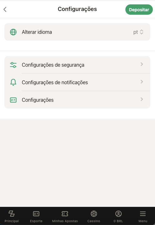 Configurações disponíveis na plataforma Parimatch