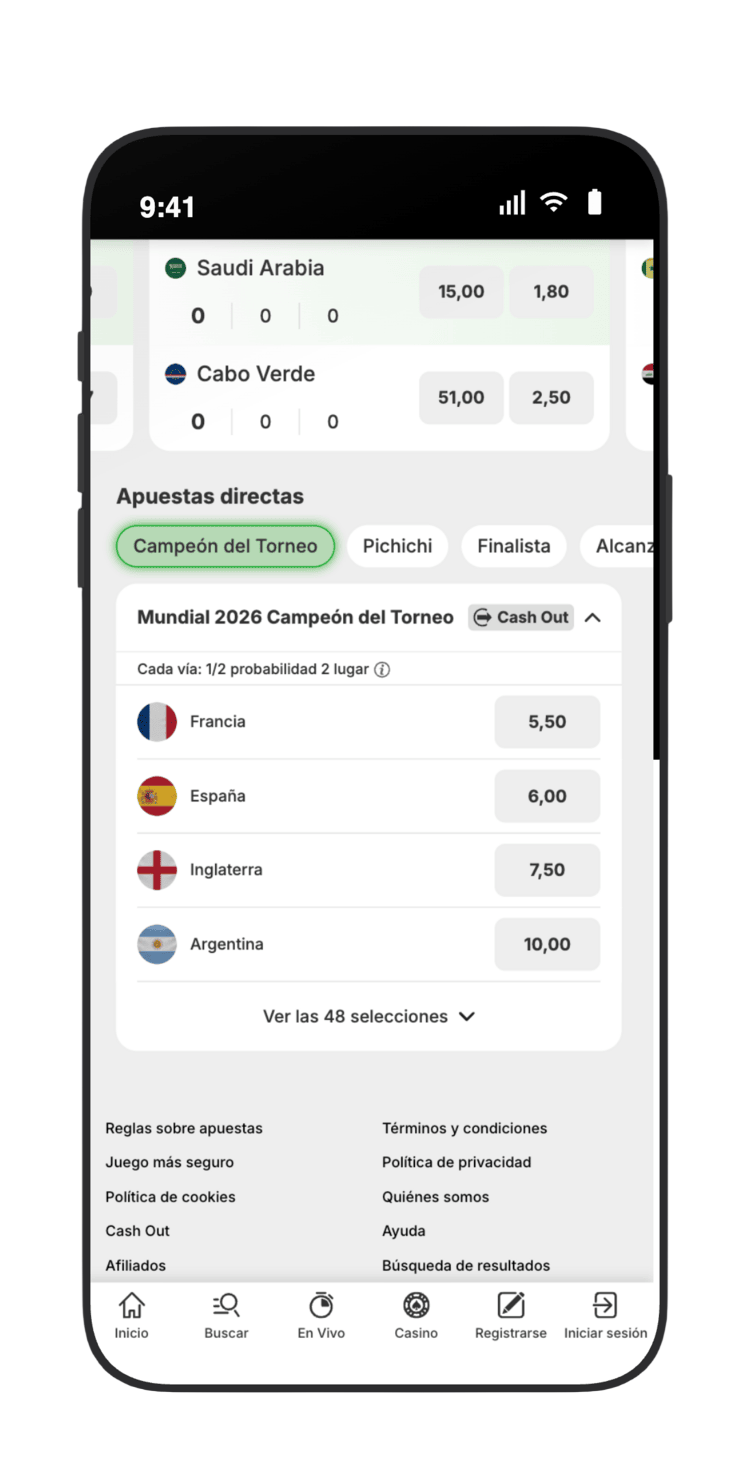 Cuotas del campeón del Mundial 2026 en Betway 
