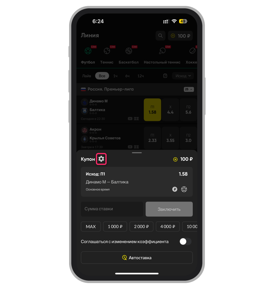 Раздел настроек в приложении БК BetBoom для iPhone