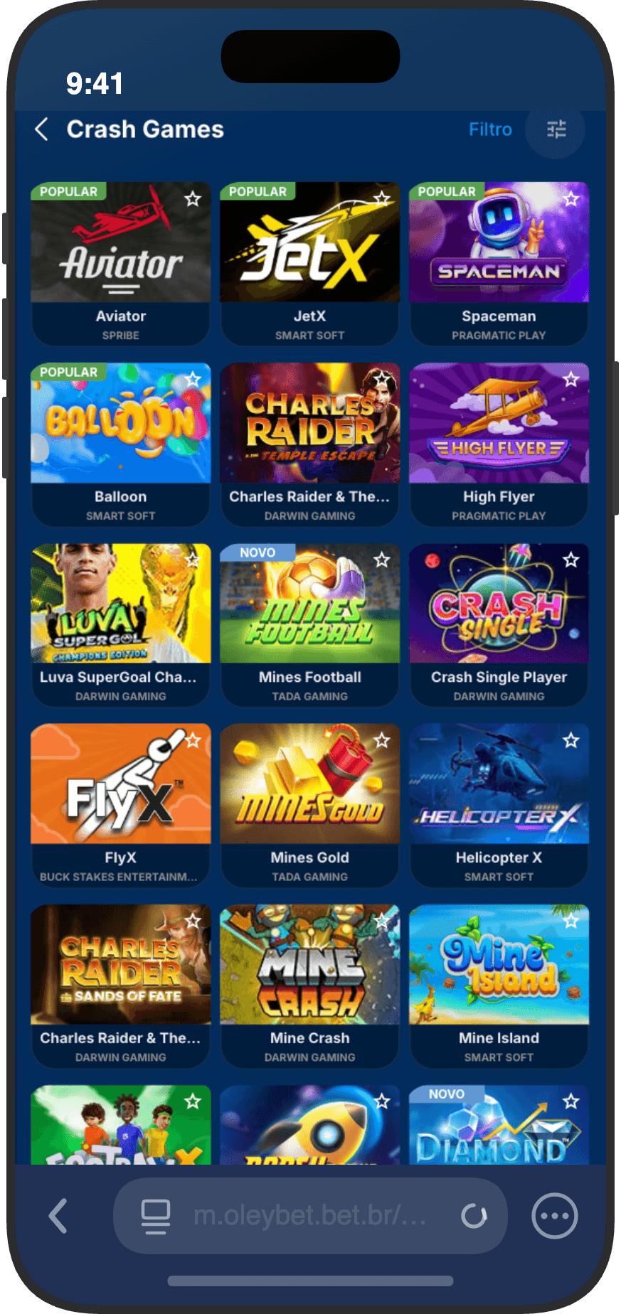 Seção de crash games do cassino OleyBet com Aviator JetX Spaceman e outros jogos de multiplicador