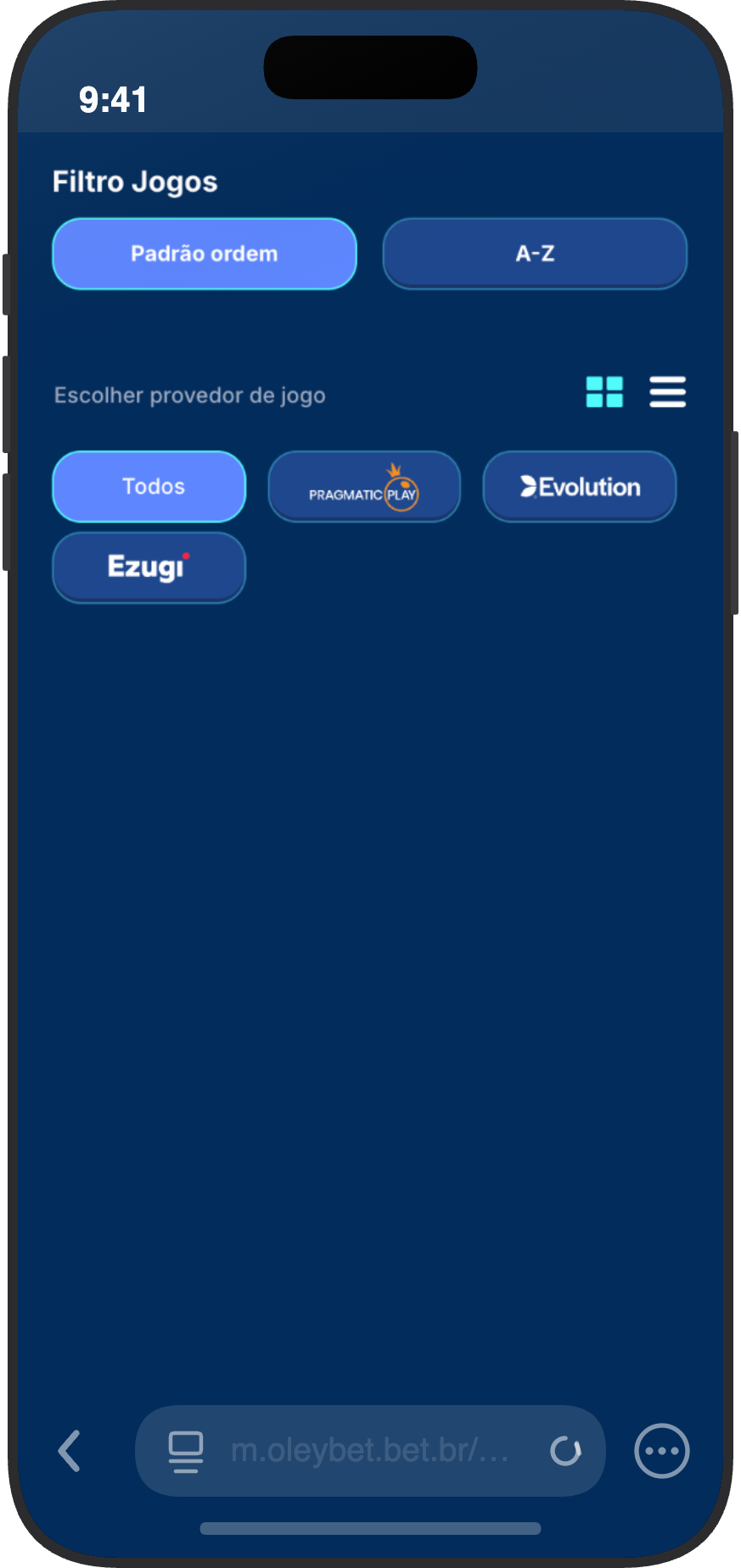 Filtro de provedores do cassino ao vivo OleyBet mostrando apenas Pragmatic Play Evolution e Ezugi