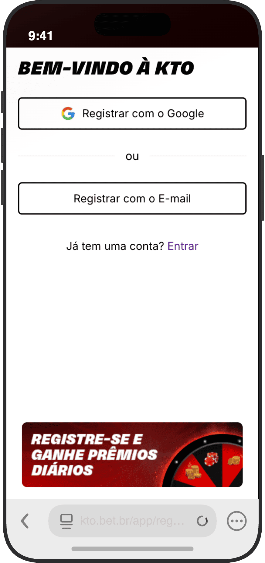 Tela de registro do KTO com opções de cadastro via Google ou e-mail