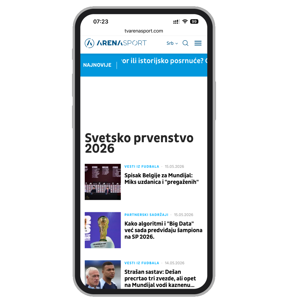 Mobilni prikaz stranice Arena Sport o Svetskom prvenstvu u fudbalu 2026