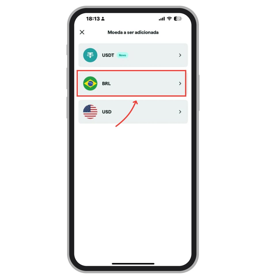 Escolhe a moeda que quer adicionar na conta
