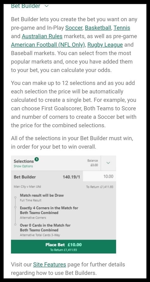 Information on Bet Builder under Terms & Conditions