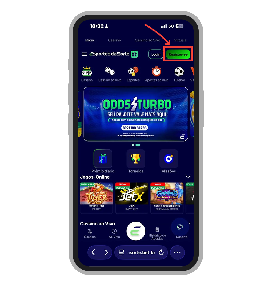 Toque no botão “Registre-se” na página inicial 