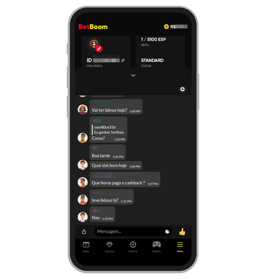 O chat da comunidade de apostadores da BetBoom pode ser acessado via app