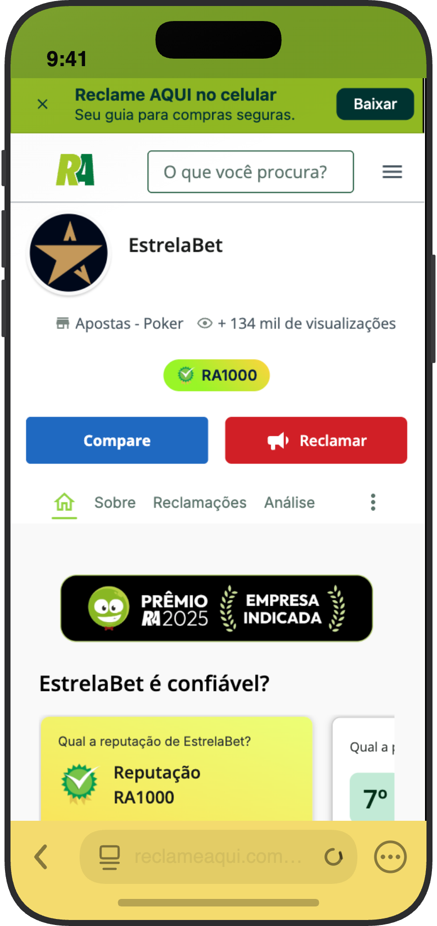 Página da EstrelaBet no ReclameAqui com selo RA1000 e nota 8,7