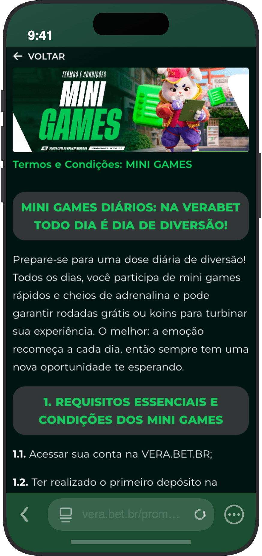 Termos e condições dos Mini Games diários da Vera.bet com rodadas grátis e koins como recompensa 