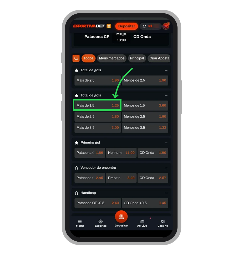 Toque no resultado em que quer apostar