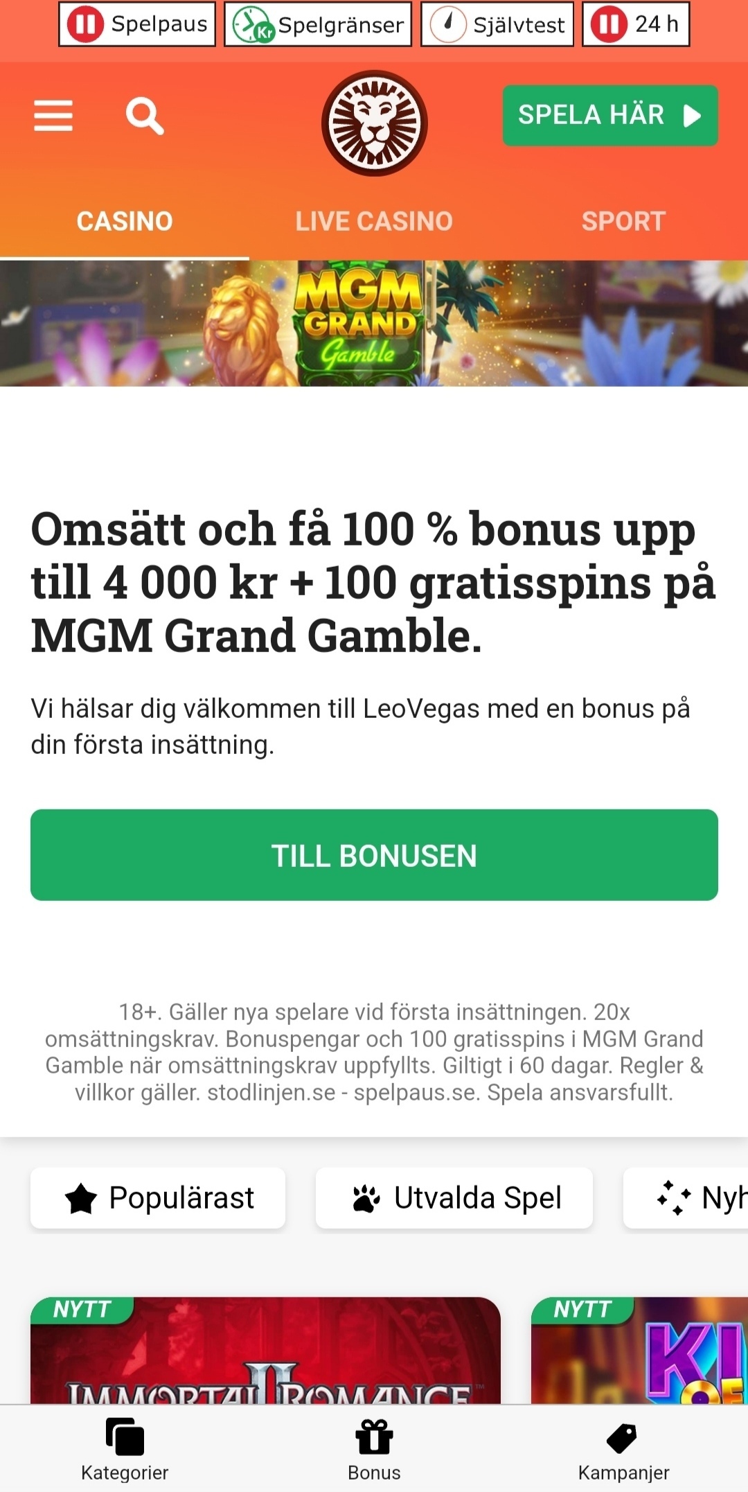 LeoVegas huvudsida