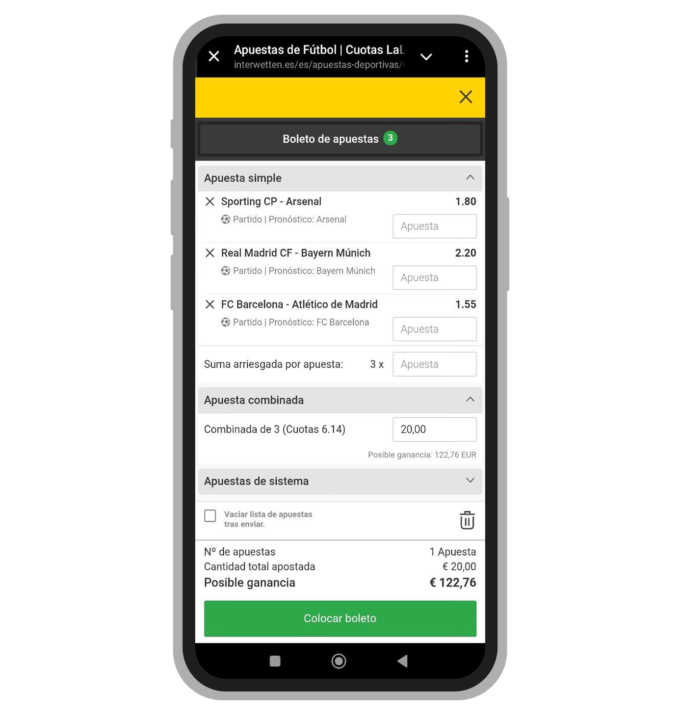 Interwetten. Combinada de fútbol