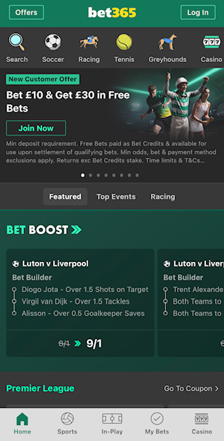 Bet365 NHL Betting App Homepage