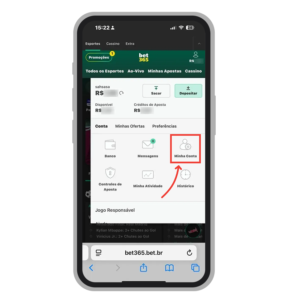 Interface do menu "A Minha Conta" na Bet365 Brasil, exibindo o link para Verificação de identidade