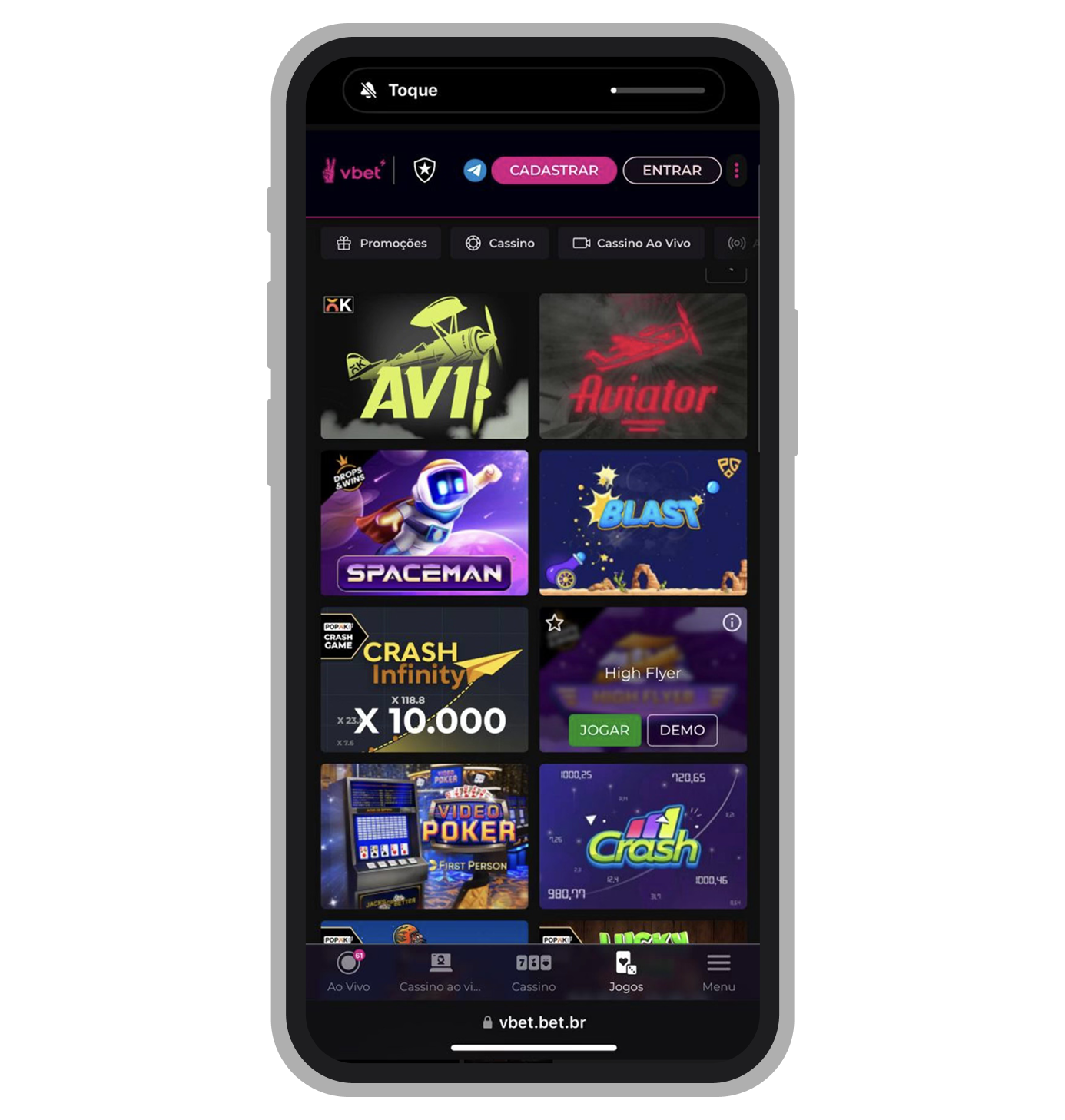 A seção de jogos crash no site mobile da VBET