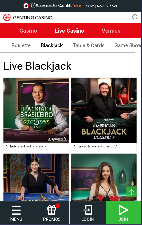 Live blackjack page