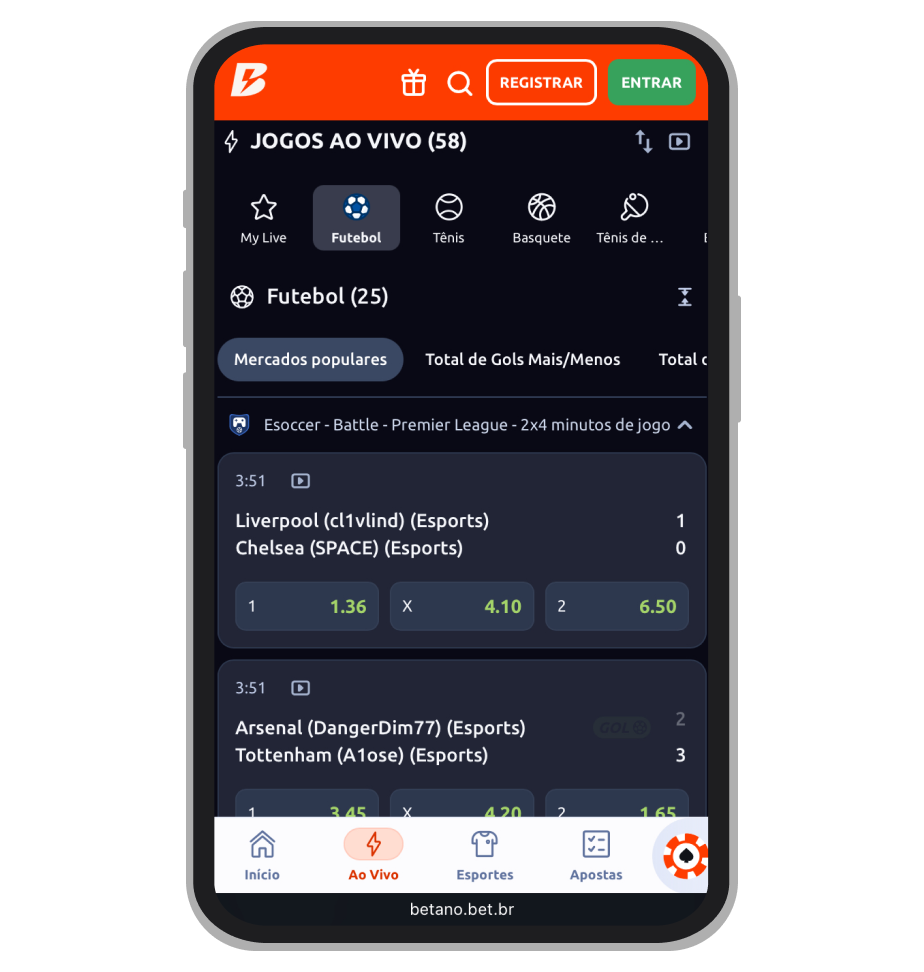 Seção de apostas ao vivo