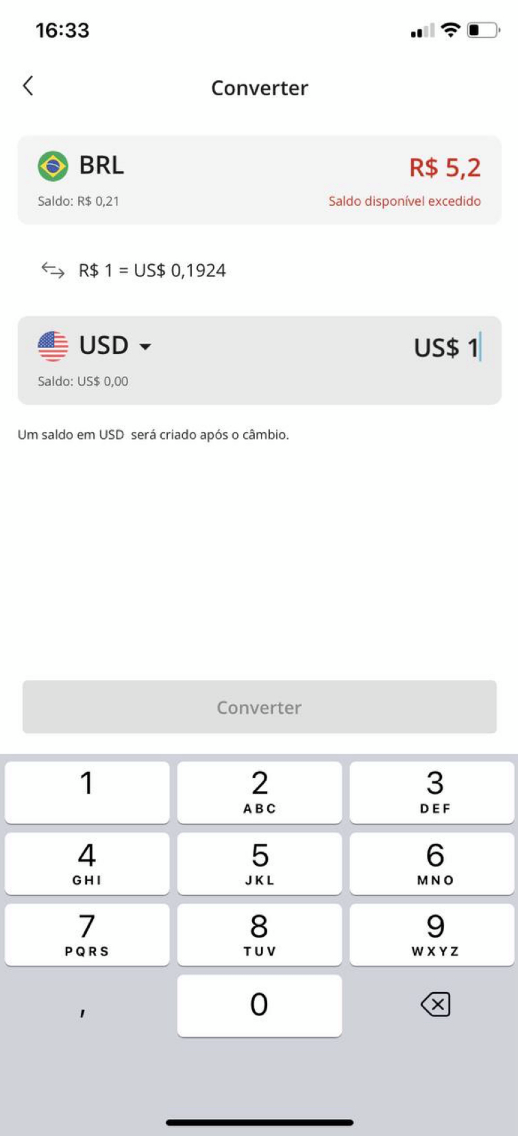 Taxa de câmbio no app da carteira eletrônica