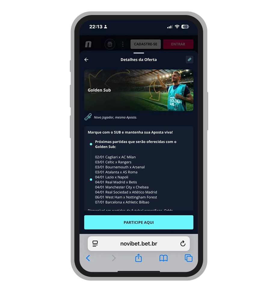 Oferta Golden Sub é um dos seguros que a Novibet oferece a seus clientes