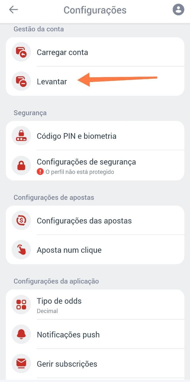 Escolha a opção de saque