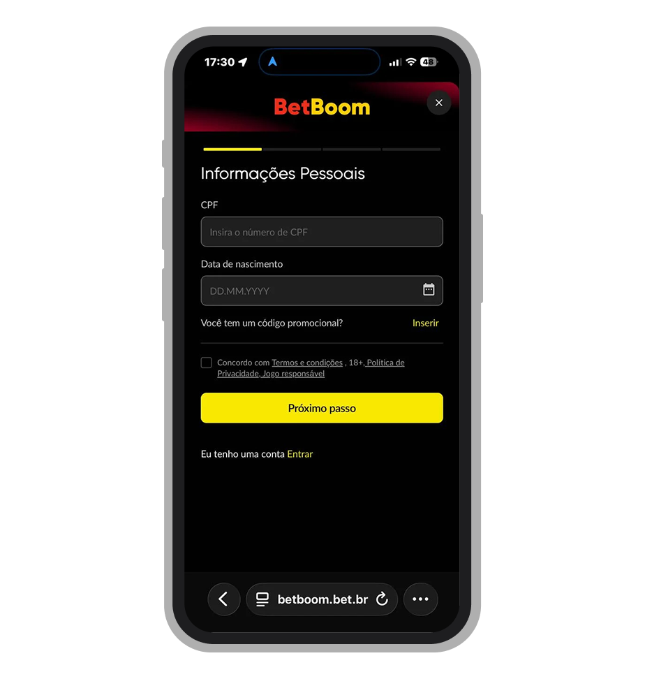 Tela de cadastro do BetBoom com campos de CPF, data de nascimento e e-mail