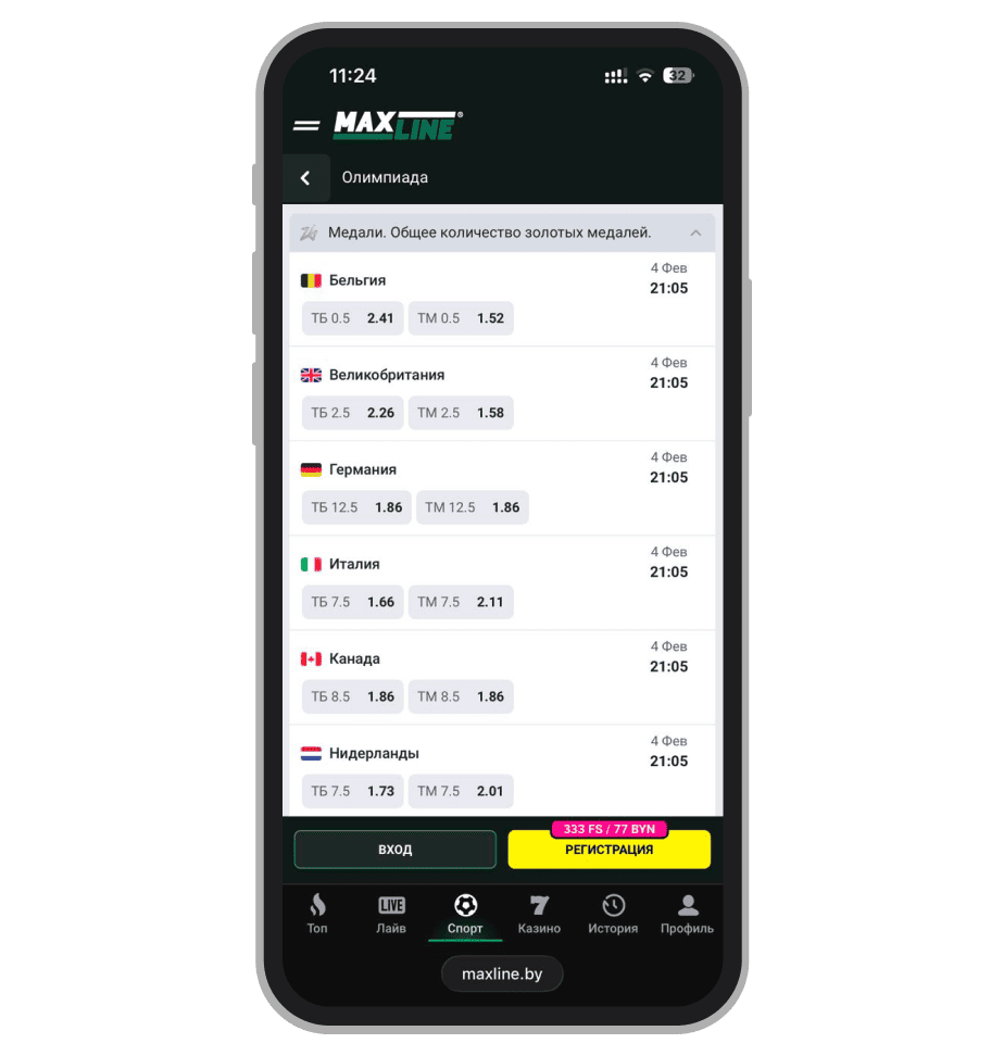 Аутрайт на количество золотых медалей в Maxline