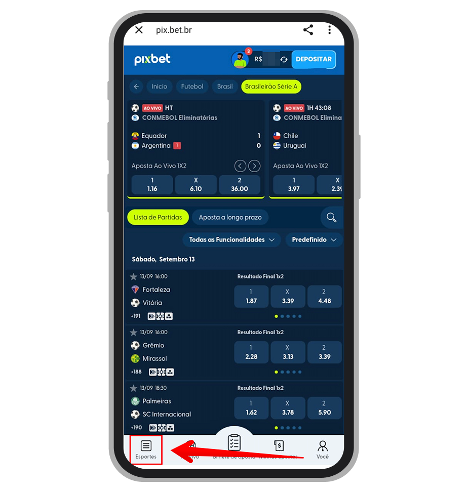 Acesse o menu lateral de esportes 