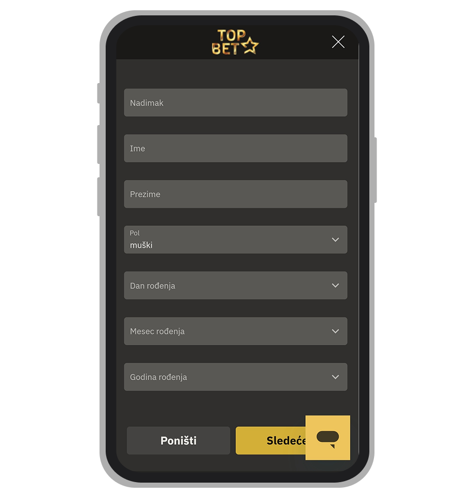 TopBet formular za registraciju